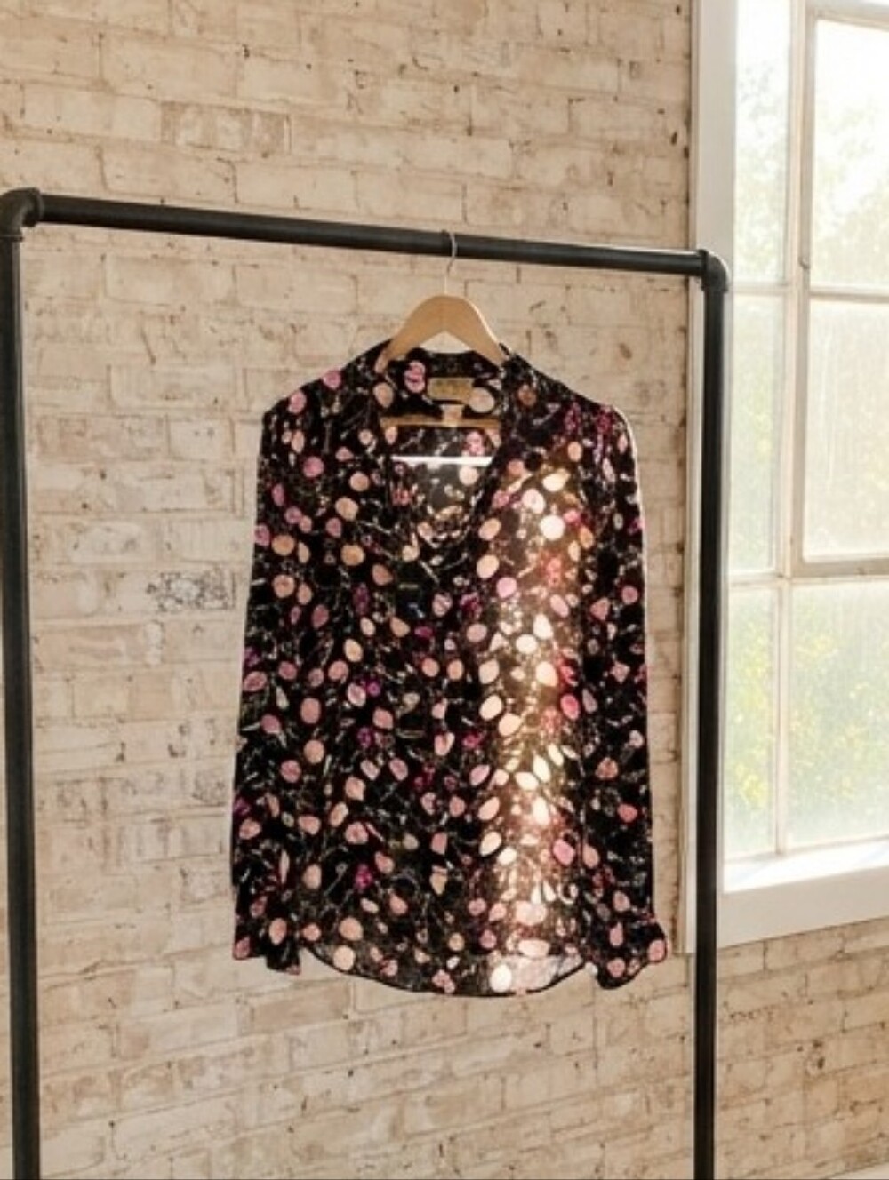 Ellie Black Button-Down Blouse with Pink & Cream Floral Print